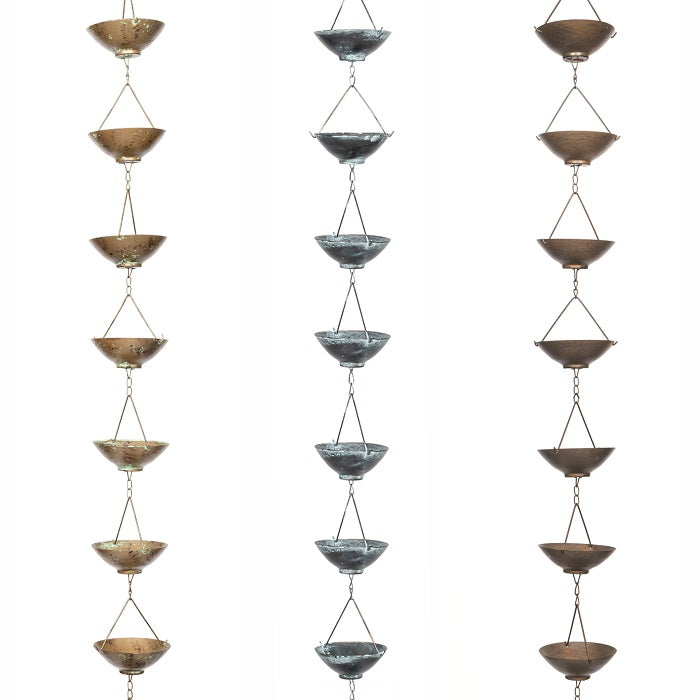 Hanging Rain Chains in 3 Colour Patinas on a White Background