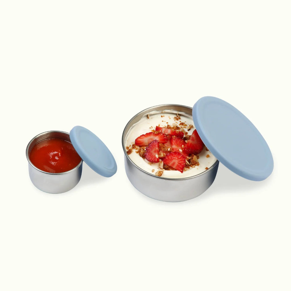 Ever Eco Stainless Steel Snack Pods Set of 2 with Cove Blue Silicone Lids.