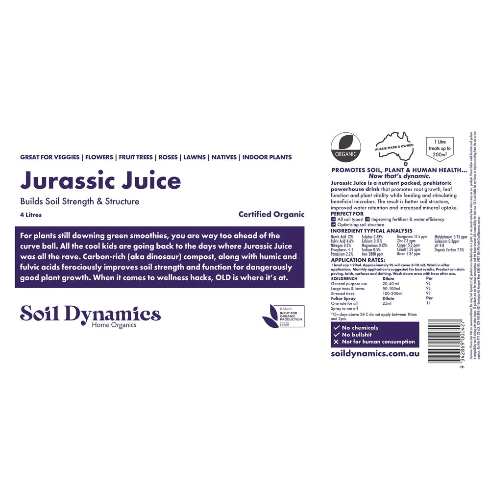 Carton Label for Jurassic Juice Potassium Humate from Soil Dynamics, Urban Revolution.