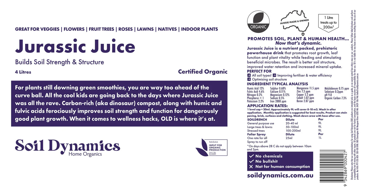 Carton Label for Jurassic Juice Potassium Humate from Soil Dynamics, Urban Revolution.