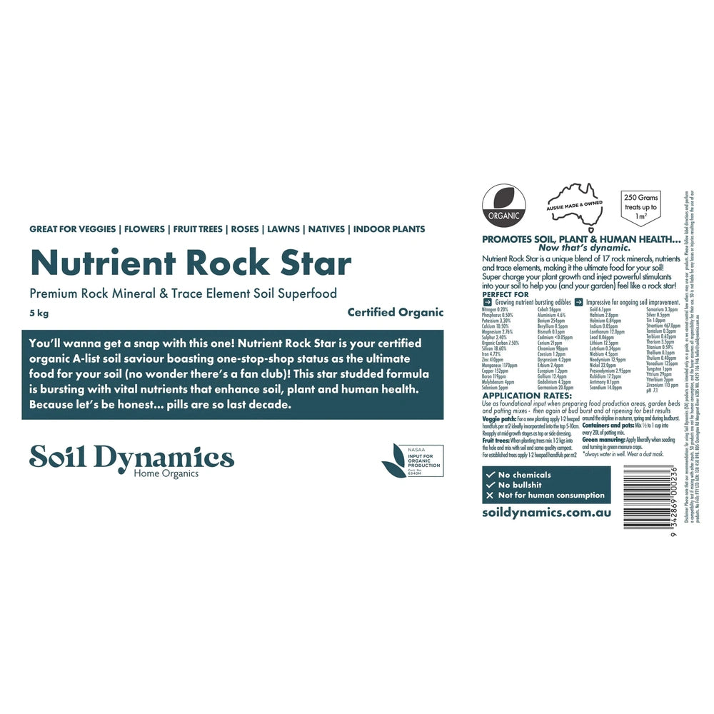 Carton Label for Nutrient Rock Star from Soil Dynamics, Urban Revolution.