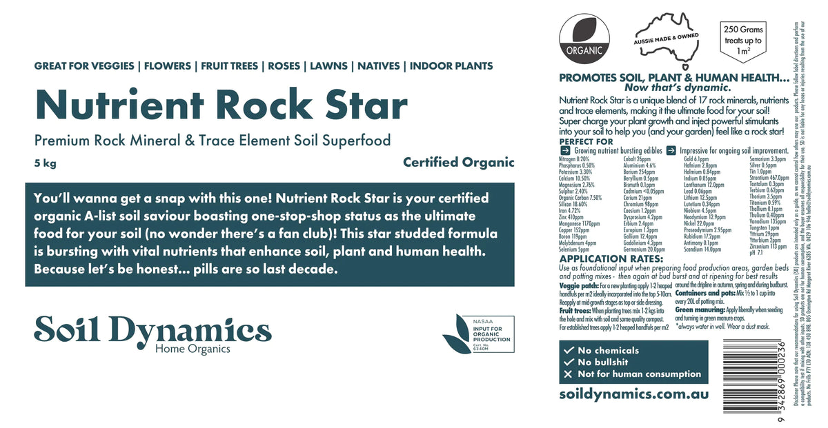 Carton Label for Nutrient Rock Star from Soil Dynamics, Urban Revolution.