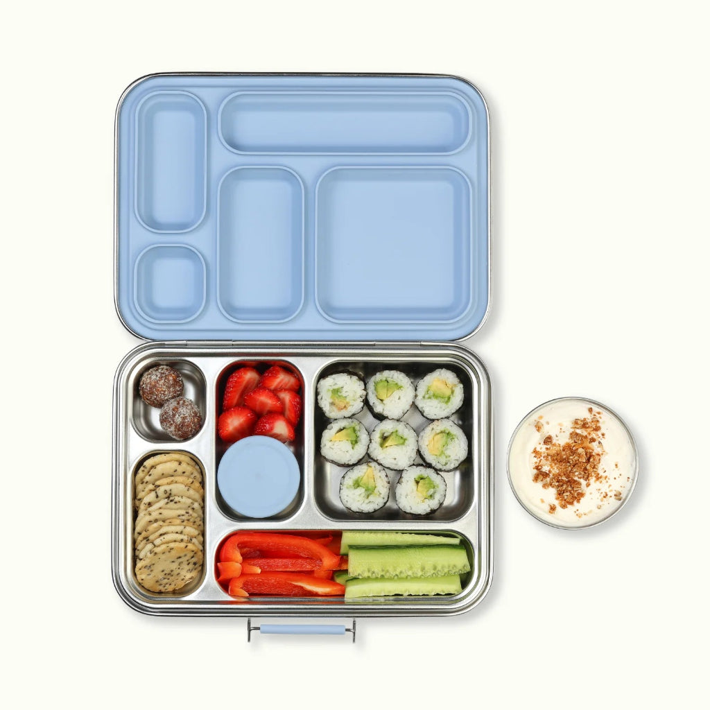 Bento Stainless Steel 5 Compartment Lunch Box with Ever Eco Snack Pod Companions in Cove Blue.