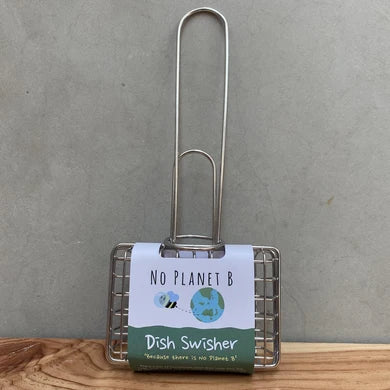 A metal dish swisher with a hanging loop, wrapped in a paper label that reads 'NO PLANET B' and 'Dish Swisher'
