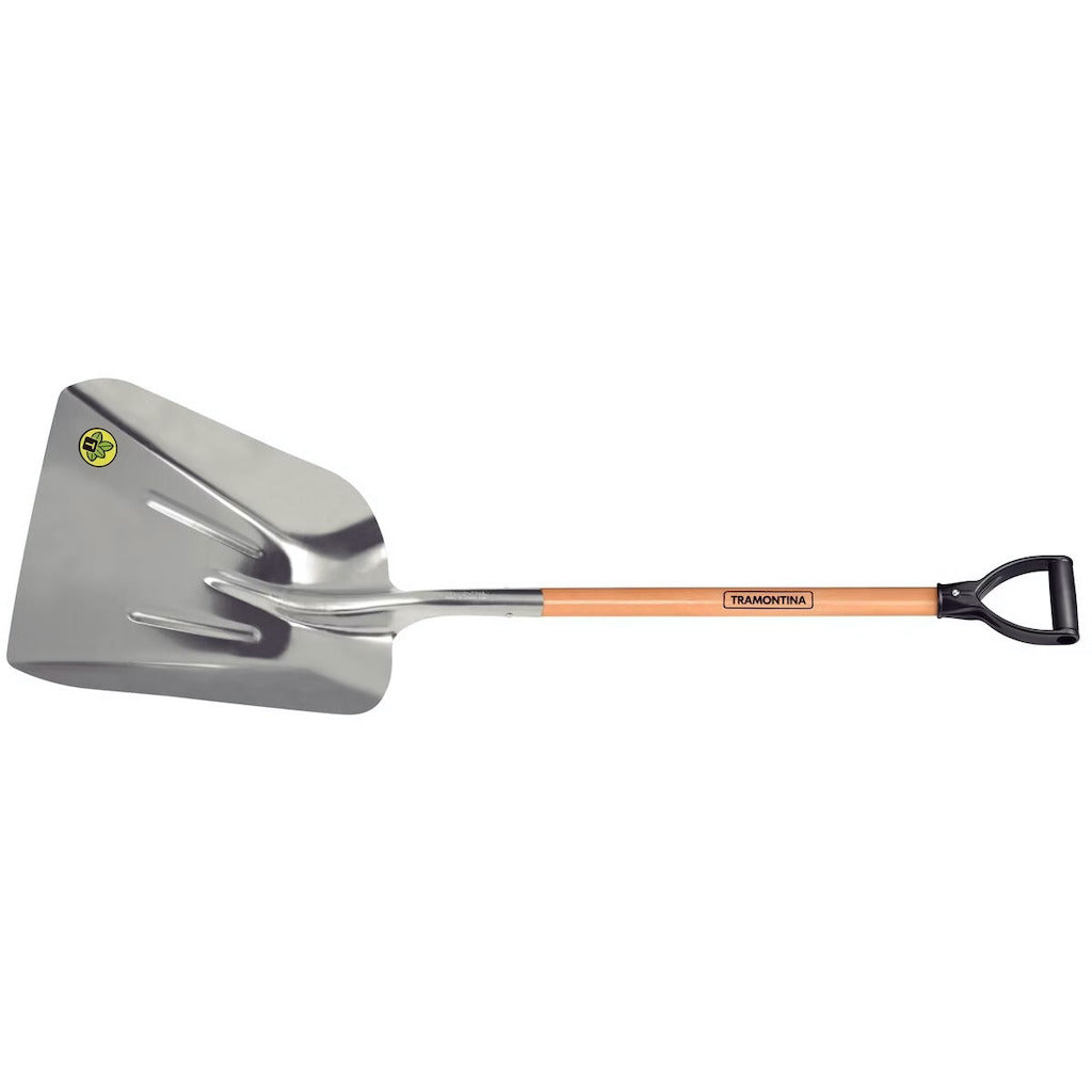 A Tramontina brand garden scoop shovel with a polished steel blade, a wooden handle, and a black D-handle grip, shown against a plain white background.