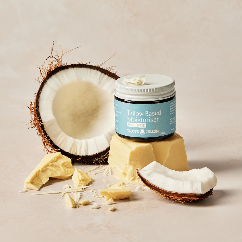 Jar of Unscented Tallow Based Moisturiser with Coconut and Shea Butter from Thrive Tallow.