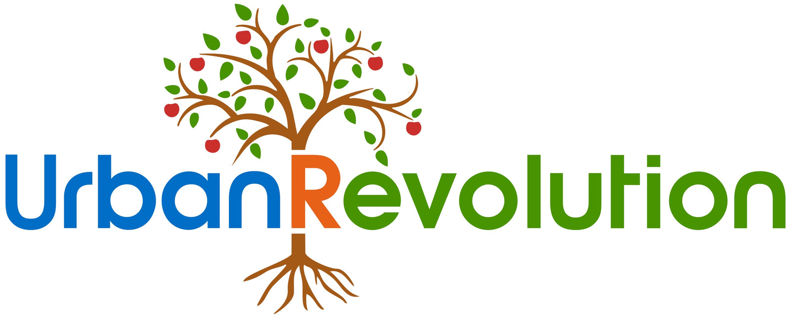 Urban Revolution simplified Logo in brand colours with name and tree with roots design on a white background
