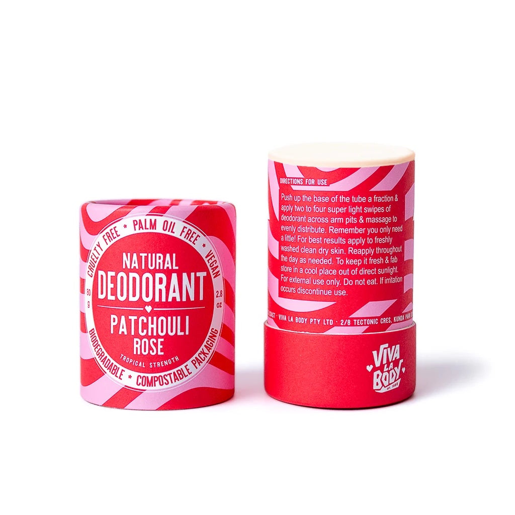 Front and back of packaging for Viva La Body palm oil free, cruelty free and vegan natural deodorant stick in Patchouli Rose scent.