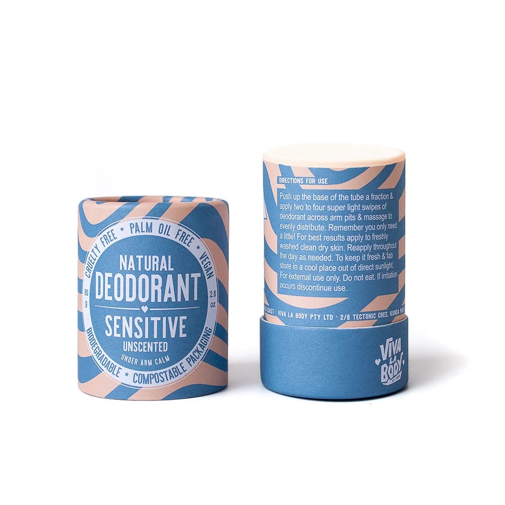 Front and back of packaging for Viva La Body palm oil free, cruelty free and vegan natural deodorant stick in Sensitive Unscented.