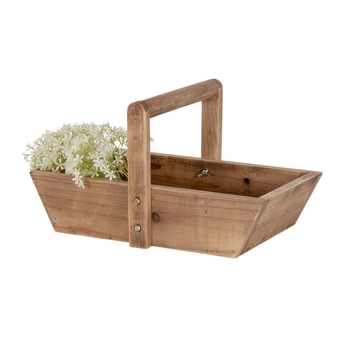 Wooden Garden Trug with Handle Containing White Flowers on a White Background.