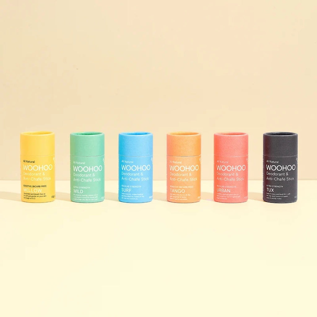 Range of Woohoo all natural deodorant sticks in compostable packaging