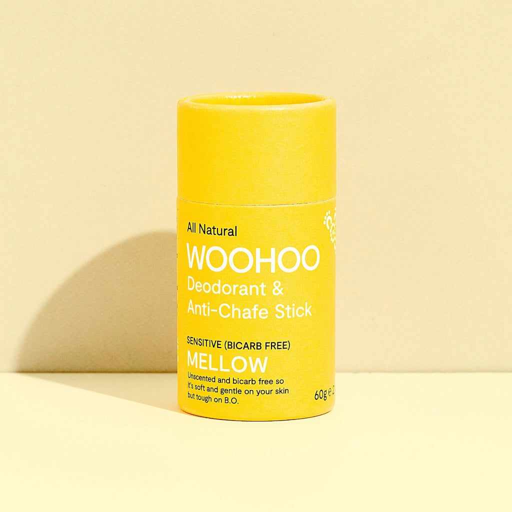 Woohoo Sensitive Bicarb Free Natural Deodorant Stick in Yellow Compostable Tube - Unscented.