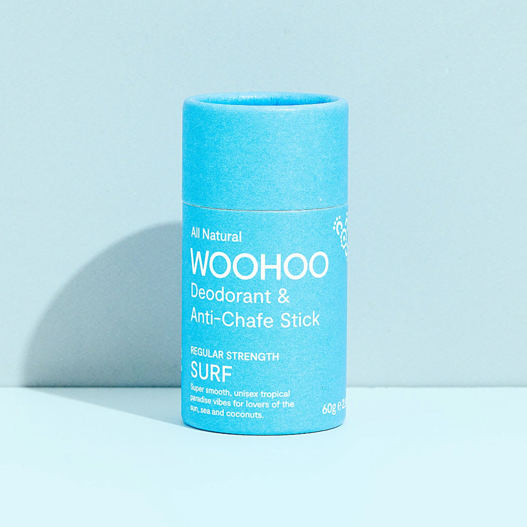 Woohoo Regular Strength Natural Deodorant Stick in Blue Compostable Tube - Surf Scent
