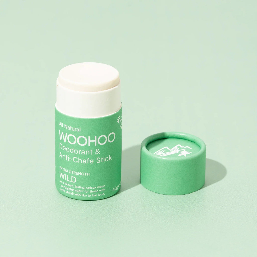 Woohoo Extra Strength Natural Deodorant Stick in Green Compostable Tube with Lid Off