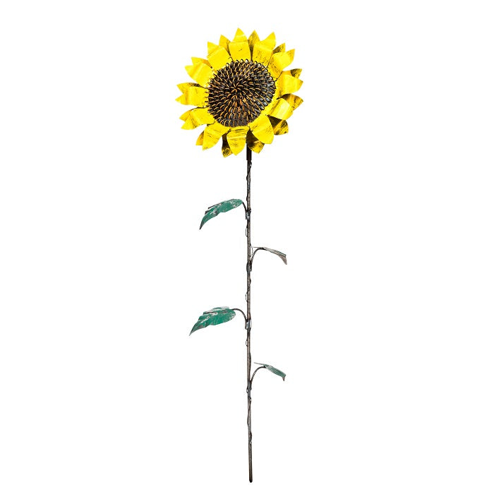 Decorative Painted Metal Sunflower Stake on White Background.