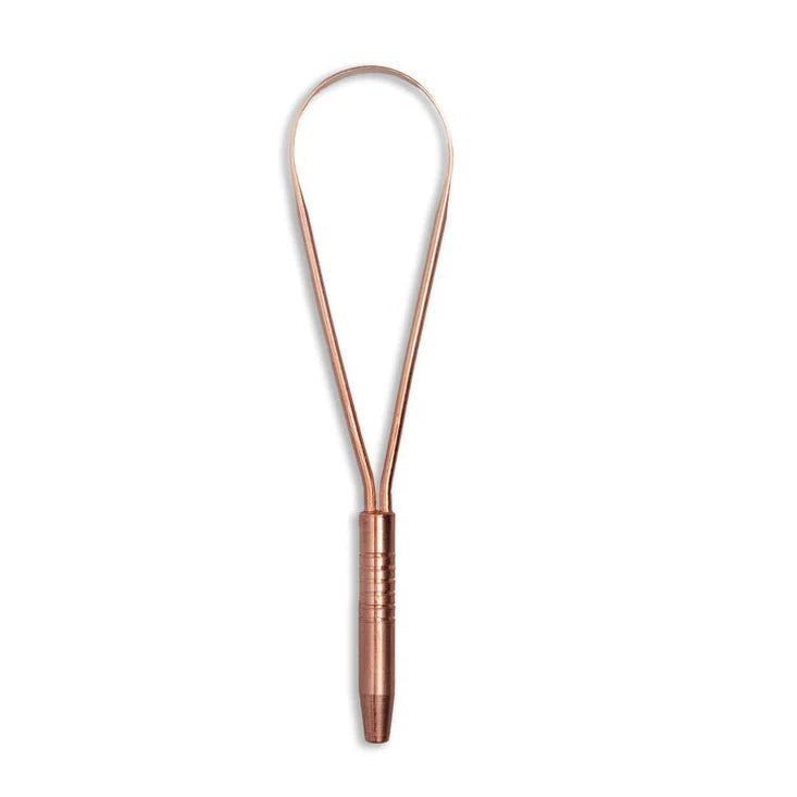 A copper tongue cleaner tool with a single textured grip handle, shown vertically on a plain white background.