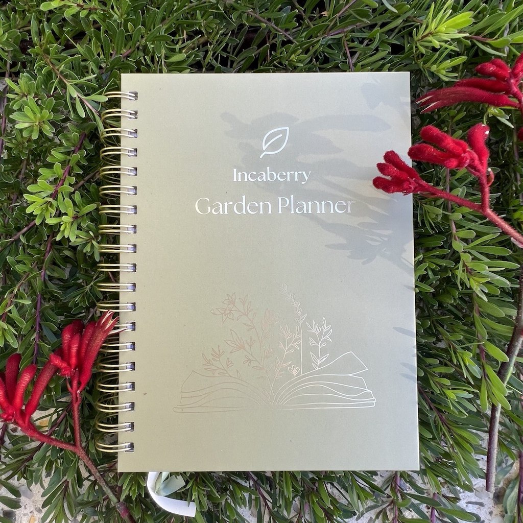 Incaberry garden planner journal cover with metal spiral binding.