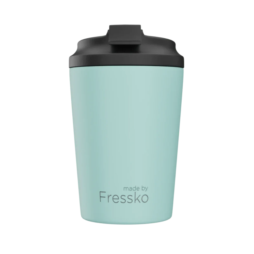 light blue insulated coffee cup. 