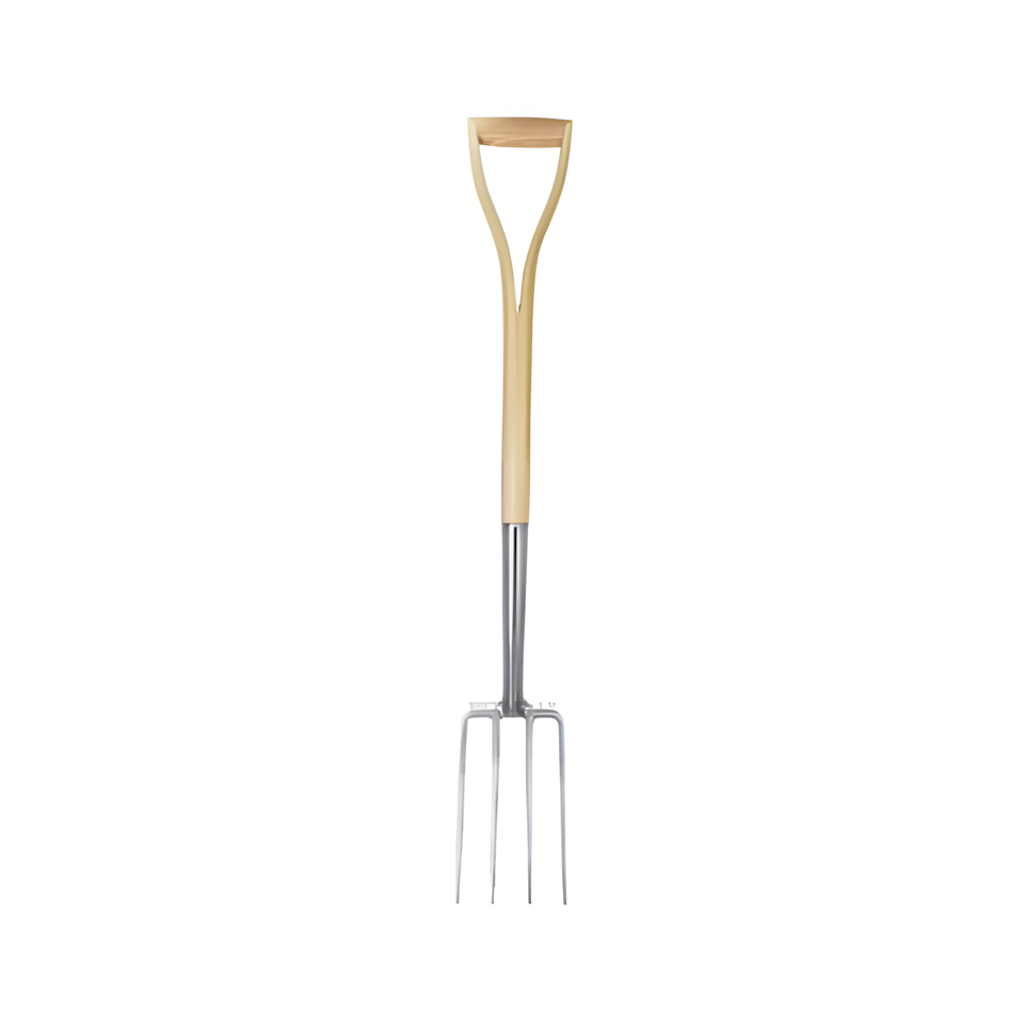 Stainless steel garden fork with four tynes and wooden handle with D grip.