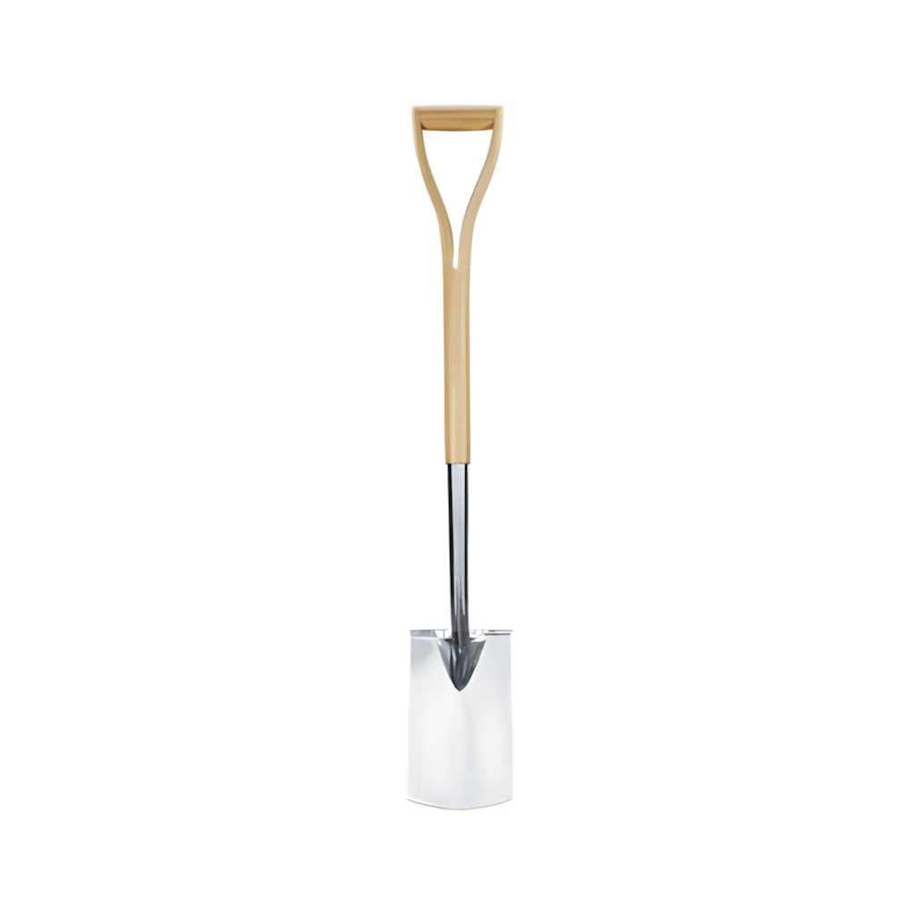Stainless steel garden spade with light brown wooden handle and D shape grip on a white background.