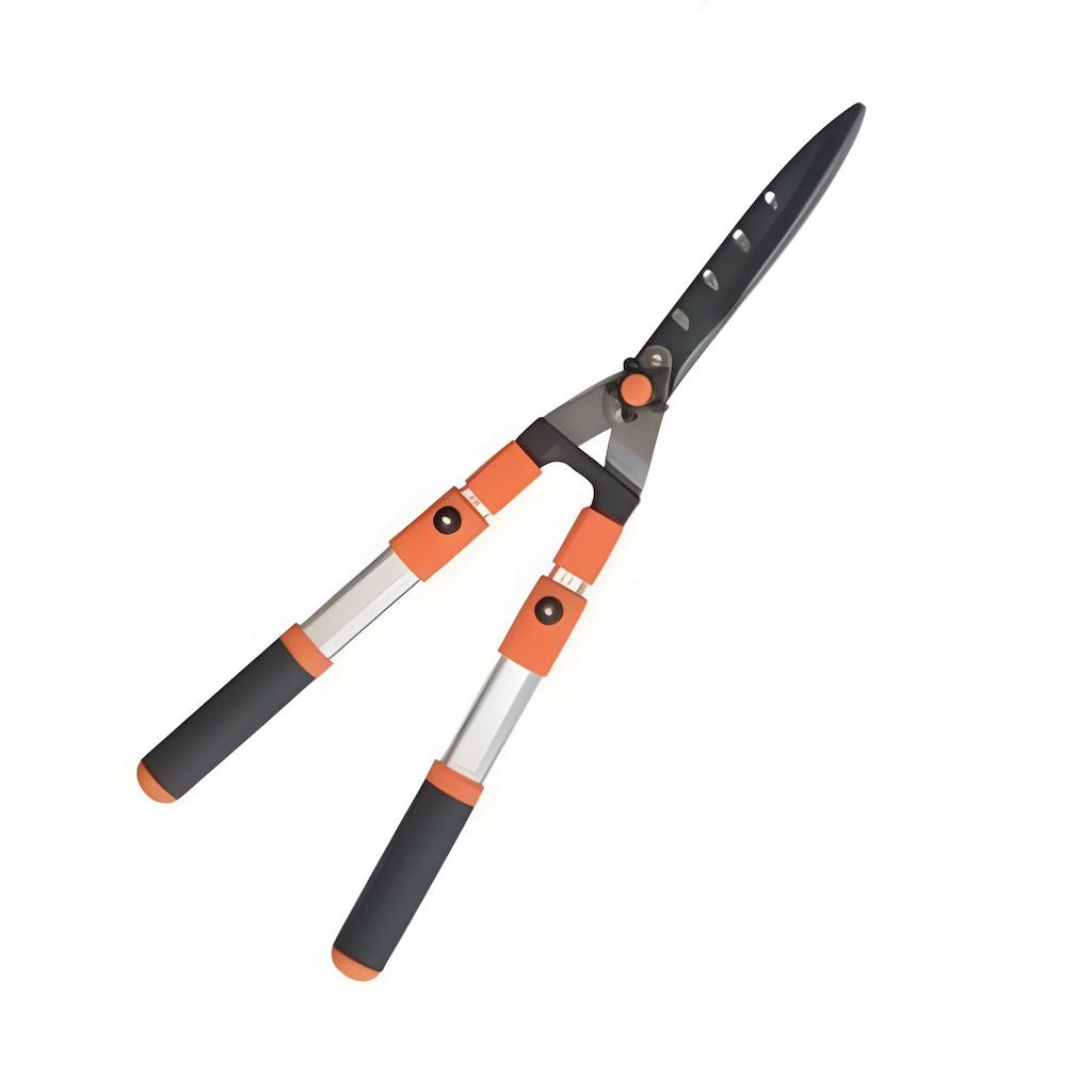 Telescopic hedge shears with orange and black hand grips and aluminium handles on a white background.