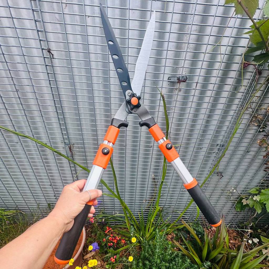 Person holding telescopic hedge shears in retracted position with teflon coated wavy blades open.