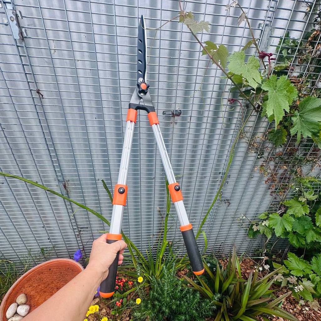 Person holding hedge shears with aluminium telescopic handles in semi-extended position.
