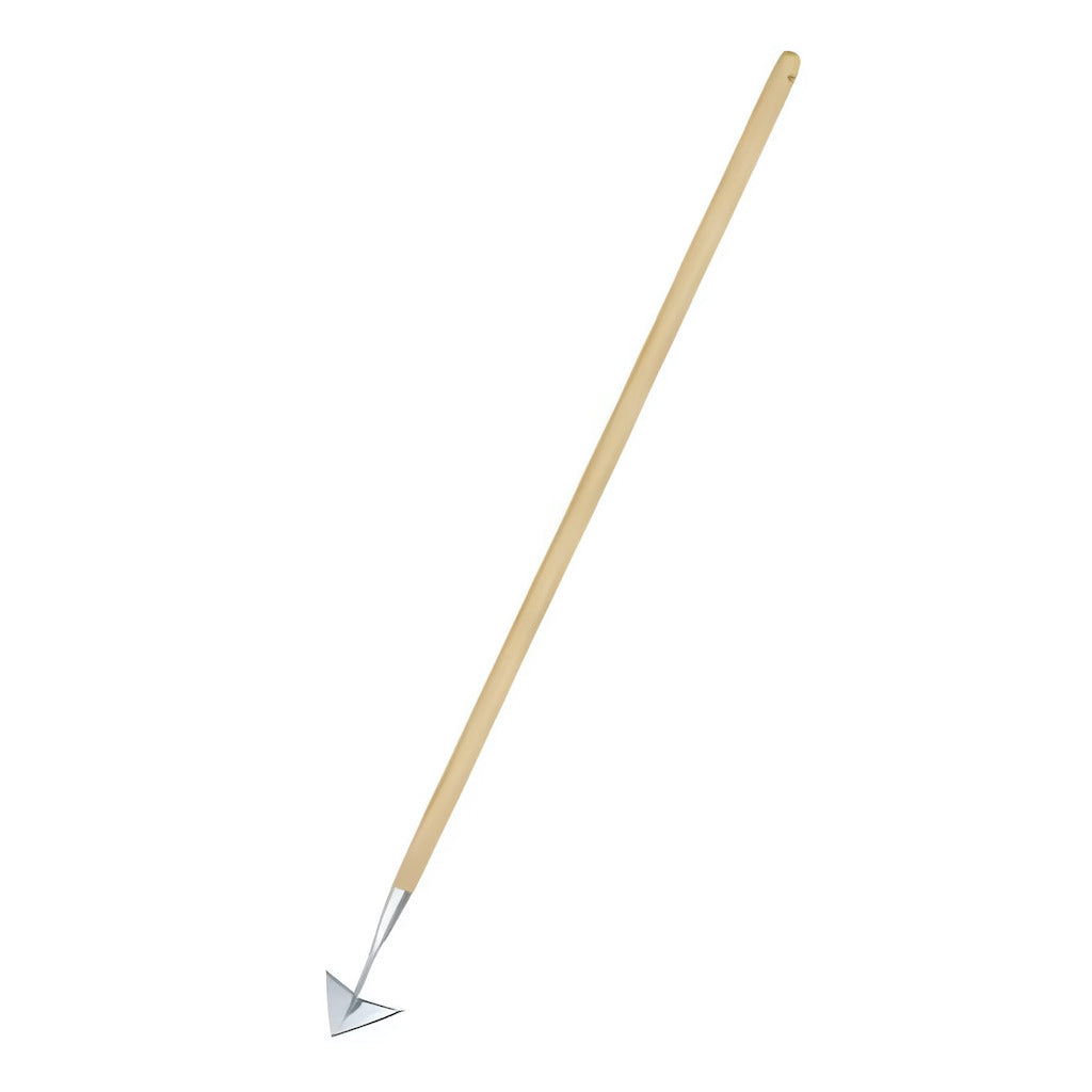 Long handled garden hoe with 3-sided triangular stainless steel head and natural wooden handle