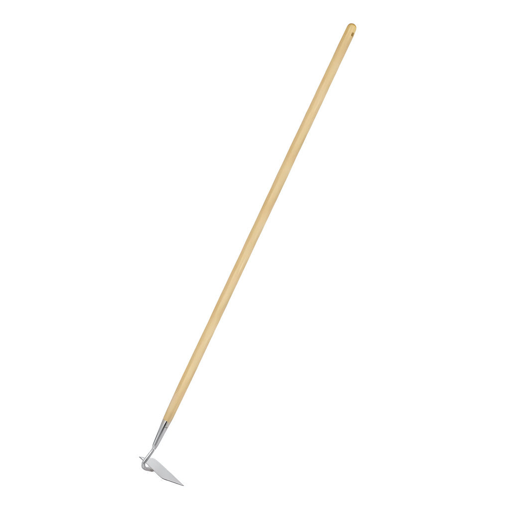 A long-handled garden hoe with a light natural wood handle and a stainless steel blade
