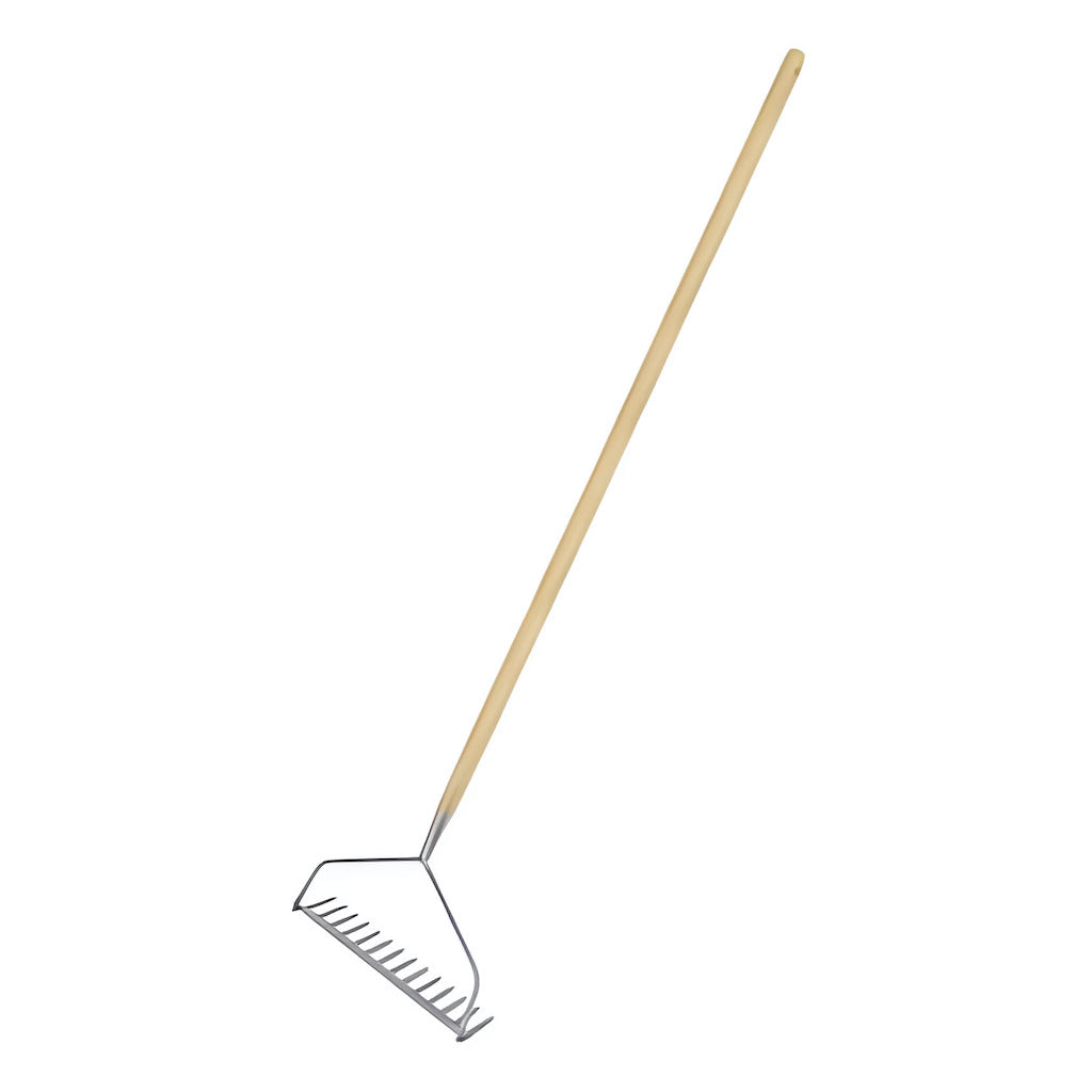 A garden soil rake with a long light wooden handle and a stainless still head with 14 prongs.