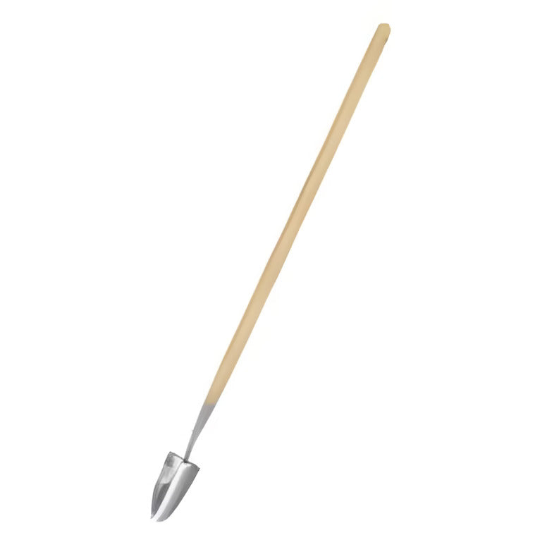 A long-handled garden trowel with a stainless steel blade and a light natural ash wood handle.