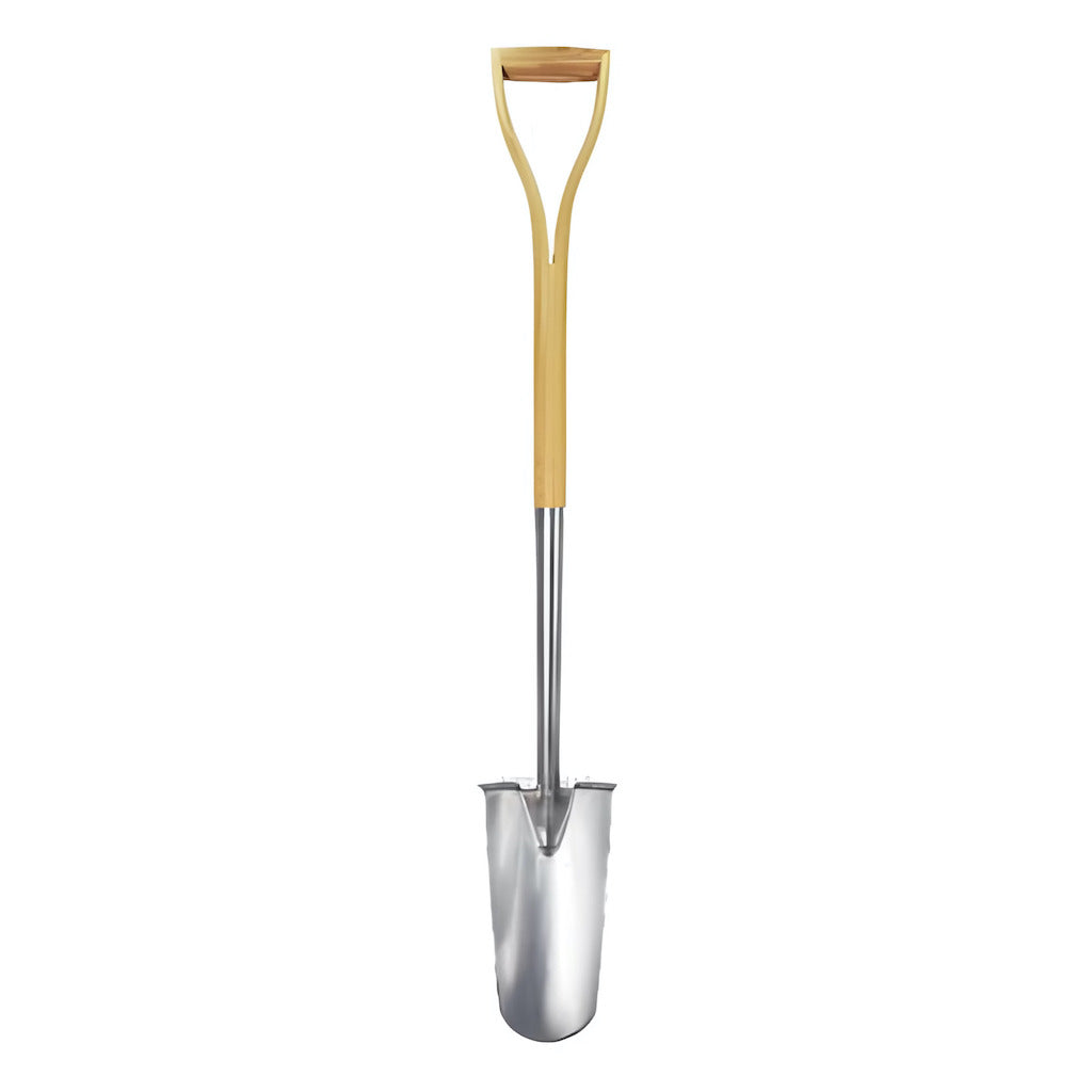 A narrow stainless steel garden spade with a polished blade and a light natural ash wood D-handle.