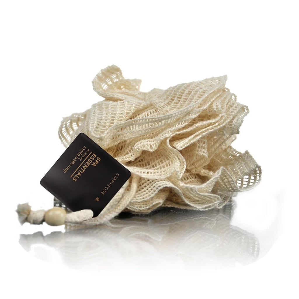 Cream coloured shower puff or bath mop made from natural ramie fibre with Star + Rose tag.