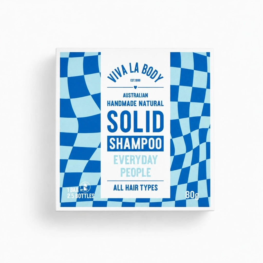 Packaging for Viva La Body 'Everyday People' solid shampoo bar for All hair types.