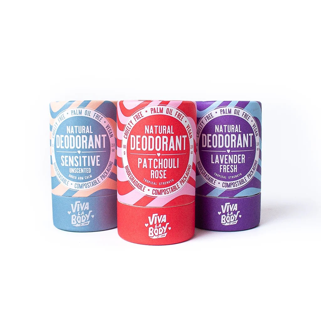 Three Viva La Body natural deodorant sticks, 'Sensitive Unscented', 'Patchouli Rose' and 'Lavender Fresh', in a row.