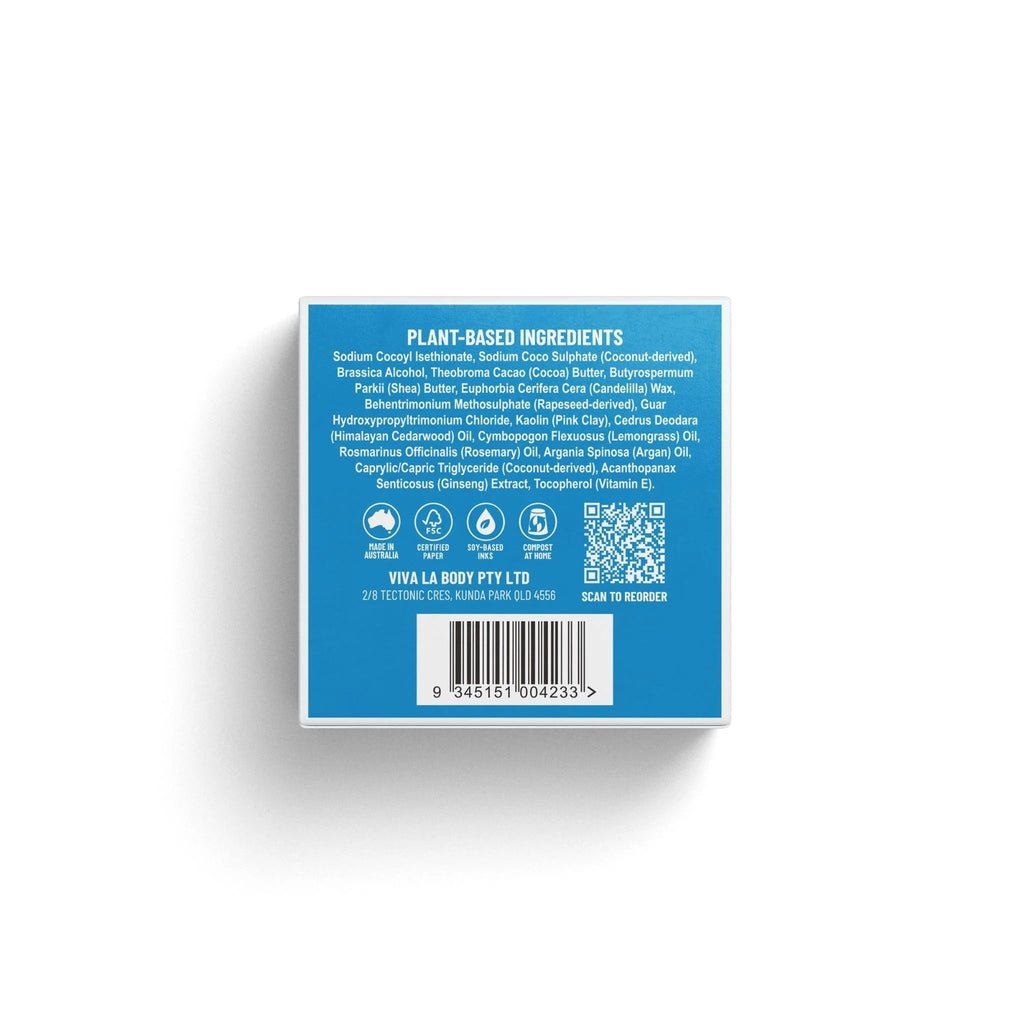 Back side of packaging for Viva La Body 'Everyday People' solid shampoo bar for all hair types, showcasing plant-based ingredient list.