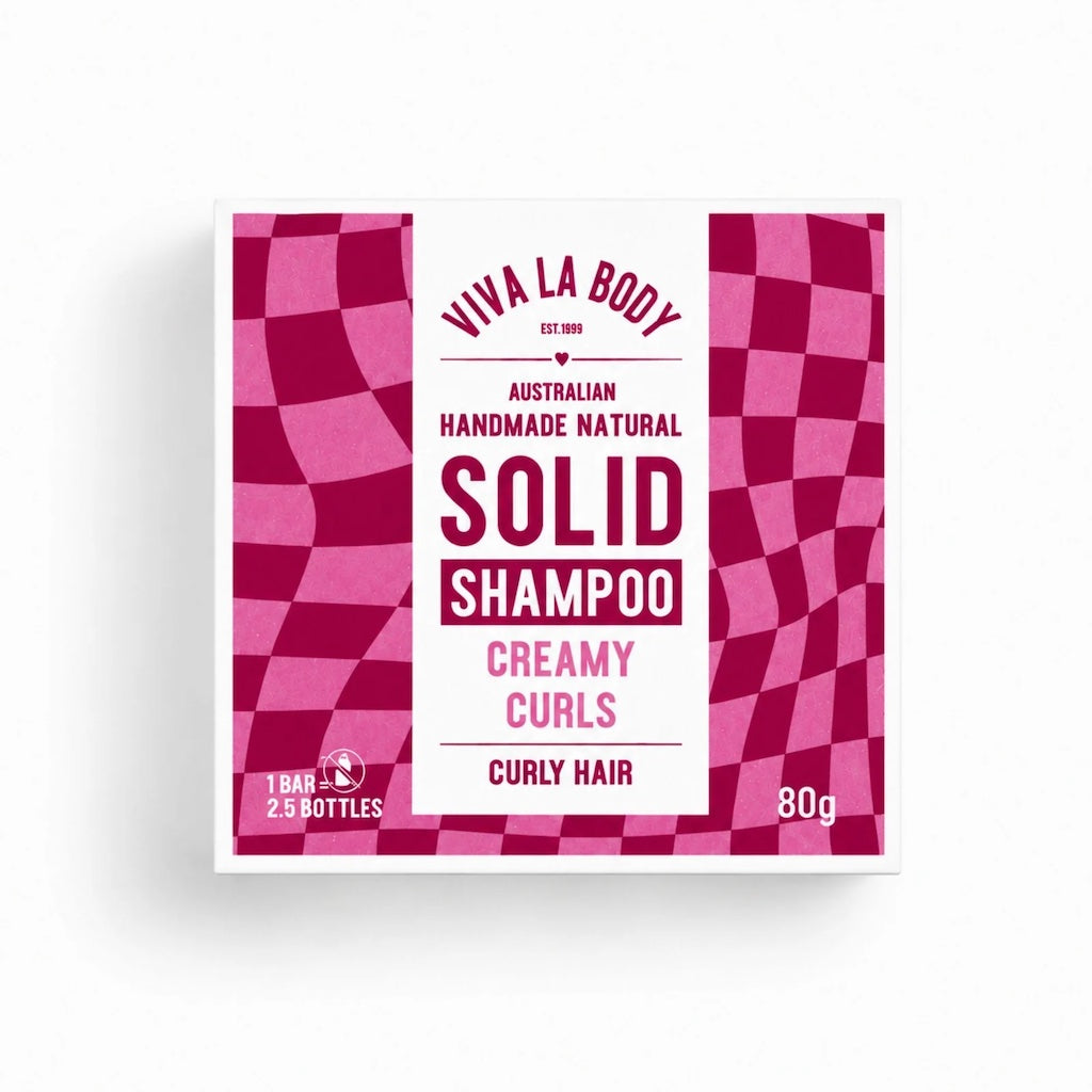 Packaging for Viva La Body 'Creamy Curls' solid shampoo bar for curly and wavy hair.