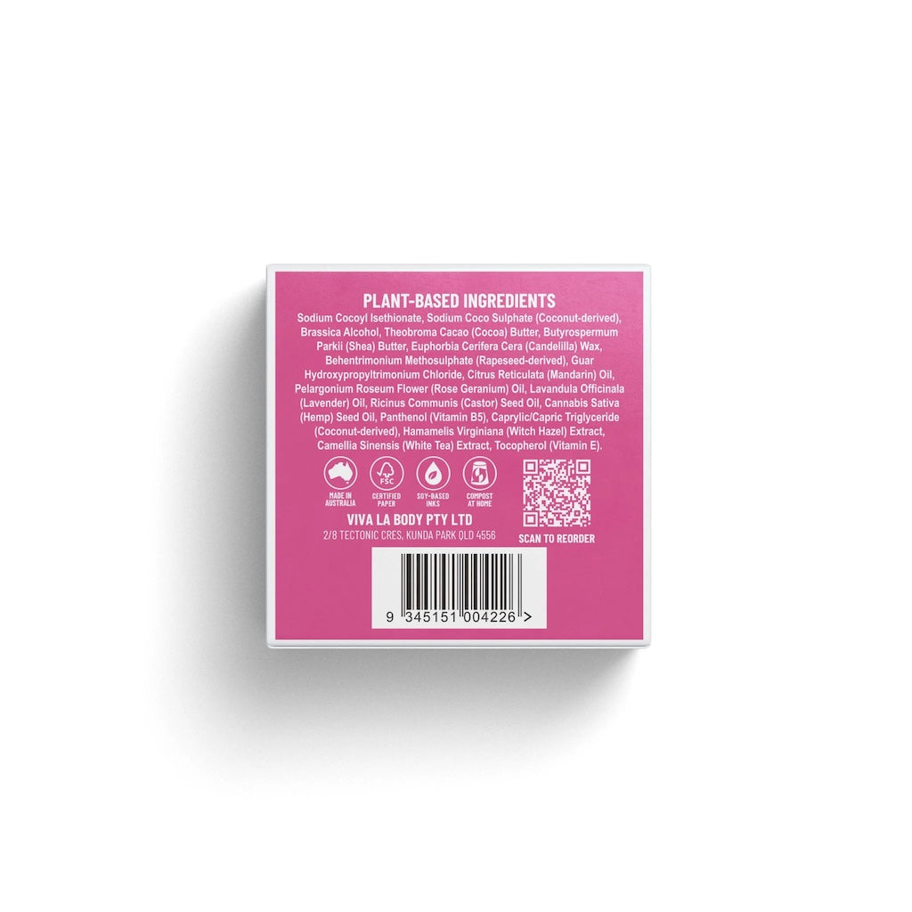 Back side of packaging for Viva La Body 'Creamy Curls' solid shampoo bar for curly and wavy hair, showcasing the list of plant based ingredients.