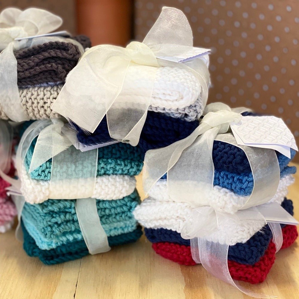 Hand Knitted Face Wash Cloths Made By PaulaW. Assorted Colours. Set Of 3.
