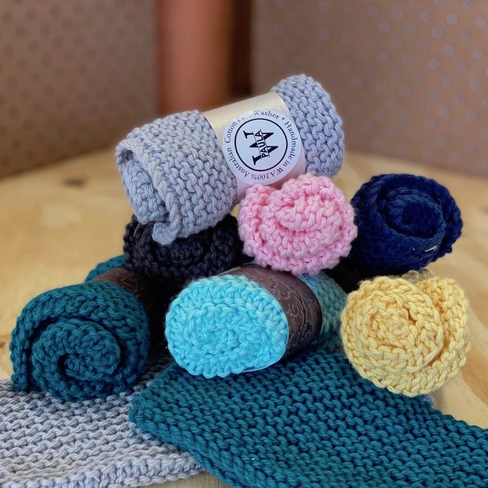 Hand Knitted Face Wash Cloths Made By PaulaW. Assorted Colours.