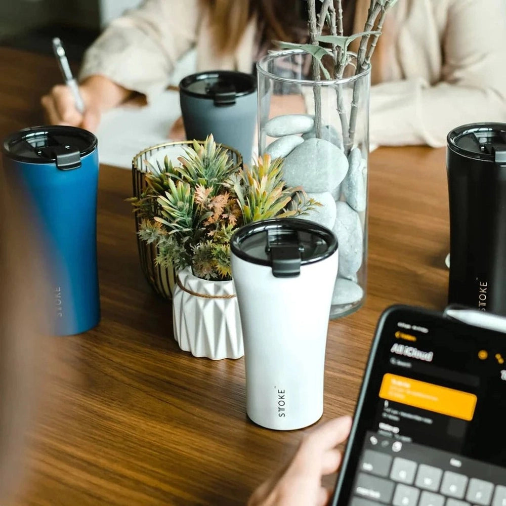 On the Go with the Stylish 16oz Sttoke Cups - Available in Black, Grey, White and Blue