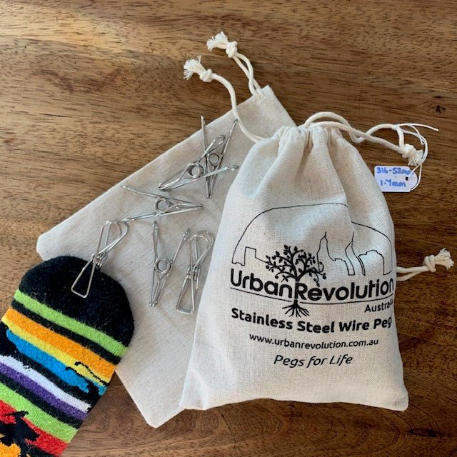 A Bag of Urban Revolution's Stainless Steel Pegs in Grade 316 (1.7mm), Showing Loose Pegs and a Sock