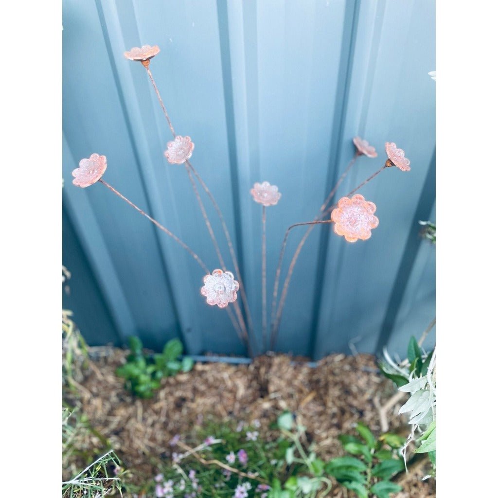 Decorative Flower Spread Garden Stake - Features Eight Rust Look Flower Heads