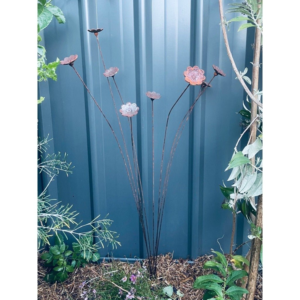 Decorative Eight Head Flower Spread Garden Stake - Metal with Rust Finish