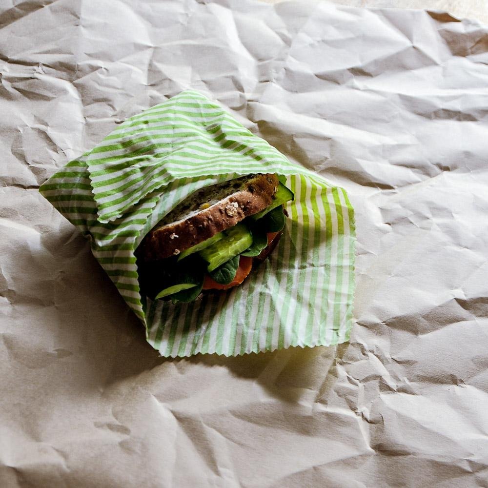 Beeswax Food Wraps holding Sandwiches and Snacks