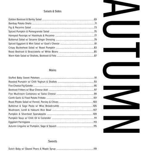 Contents page for Autumn recipes from Seasoned by Casey Lister