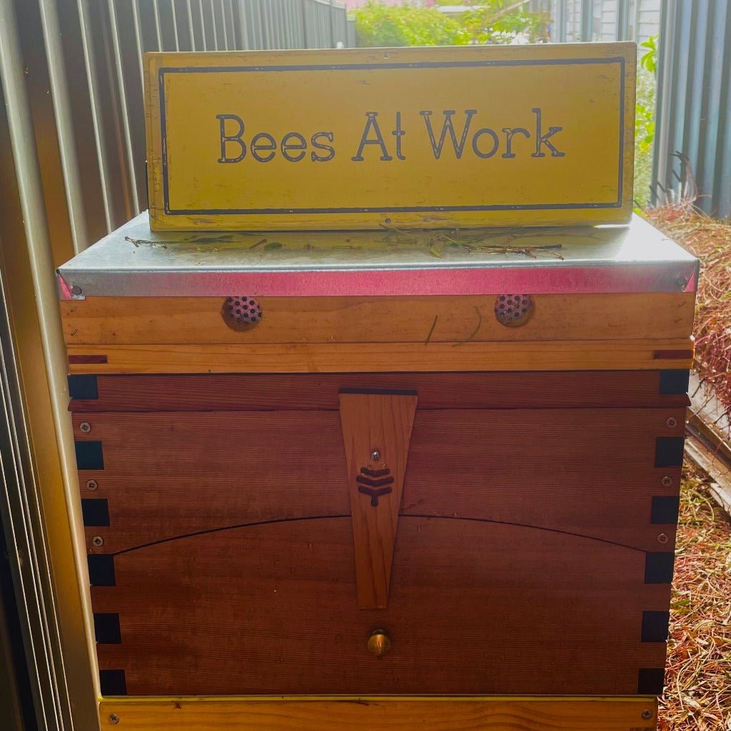 Metal and Enamel Bee Sign on Bee Hive - Bees at Work