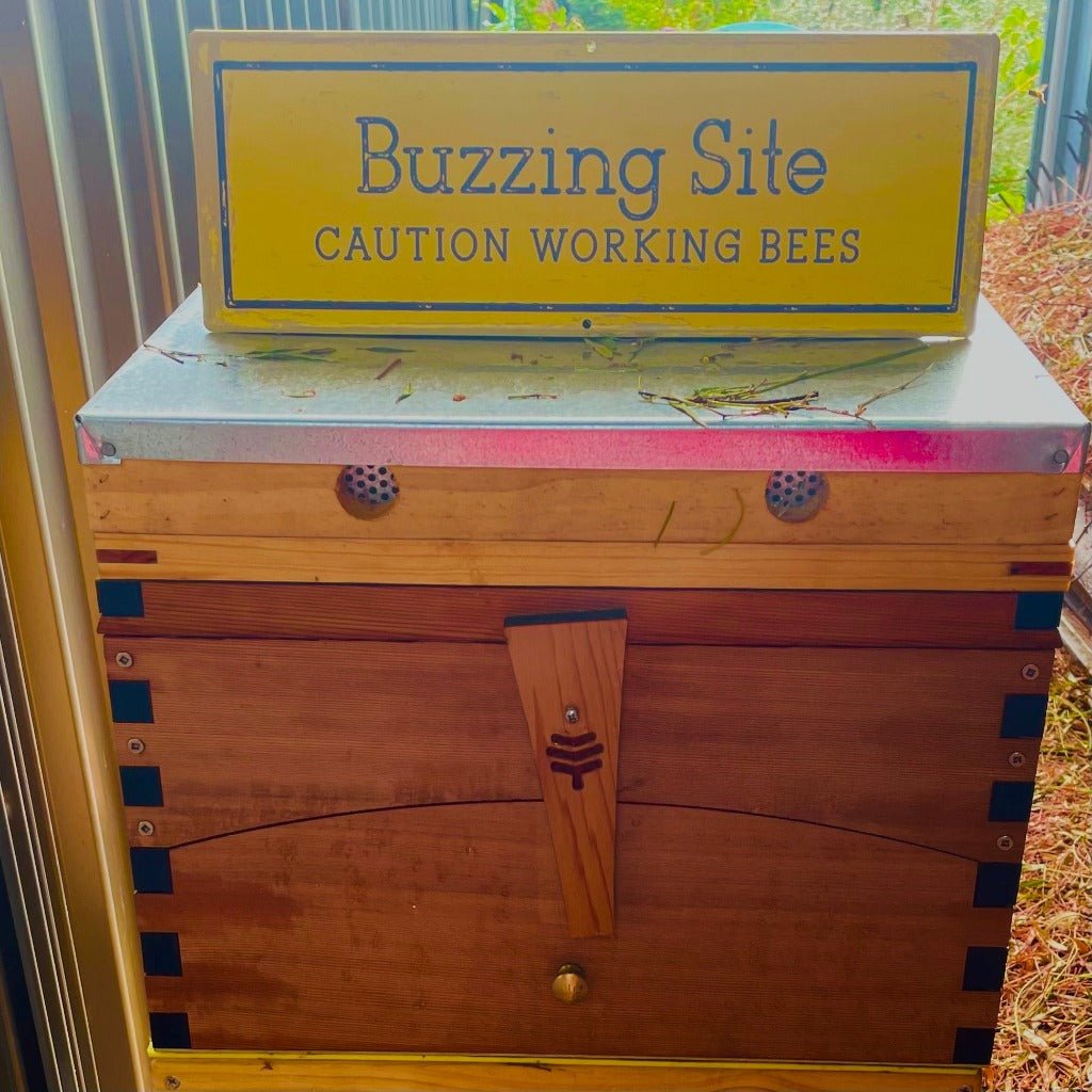Metal and Enamel Bee Sign on Bee Hive - Buzzing Site Caution Working Bees