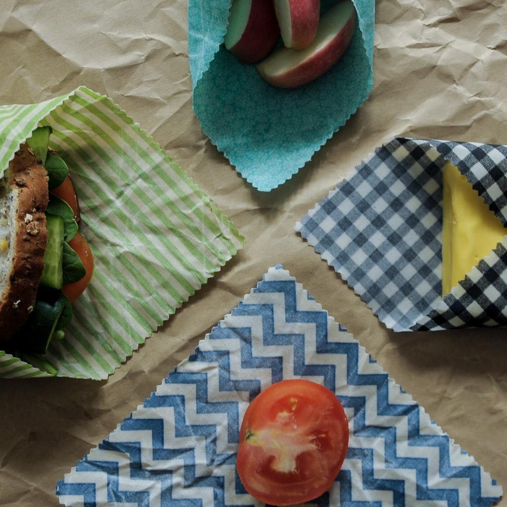 Beeswax Food Wraps holding Sandwiches and Snacks
