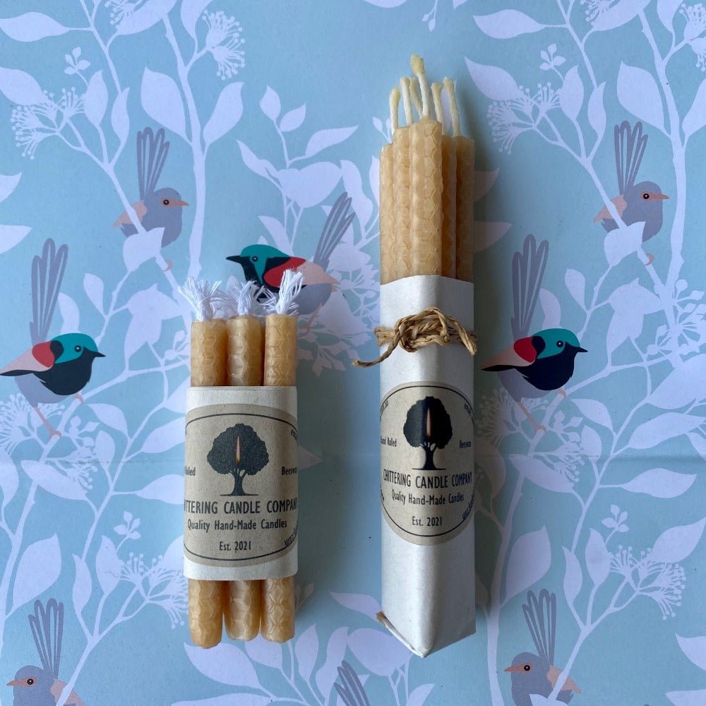 6 Pack 85mm Beeswax Birthday Candles and 6 Pack 135mm Beeswax Birthday Candles, from the Chittering Candle Company